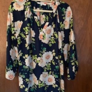 Navy w/ Flowers Long Sleeve Blouse Size Large